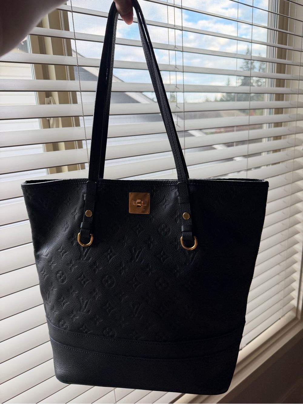 Louis Vuitton Black Embossed Monogram Leather Tote with Gold Hardware
